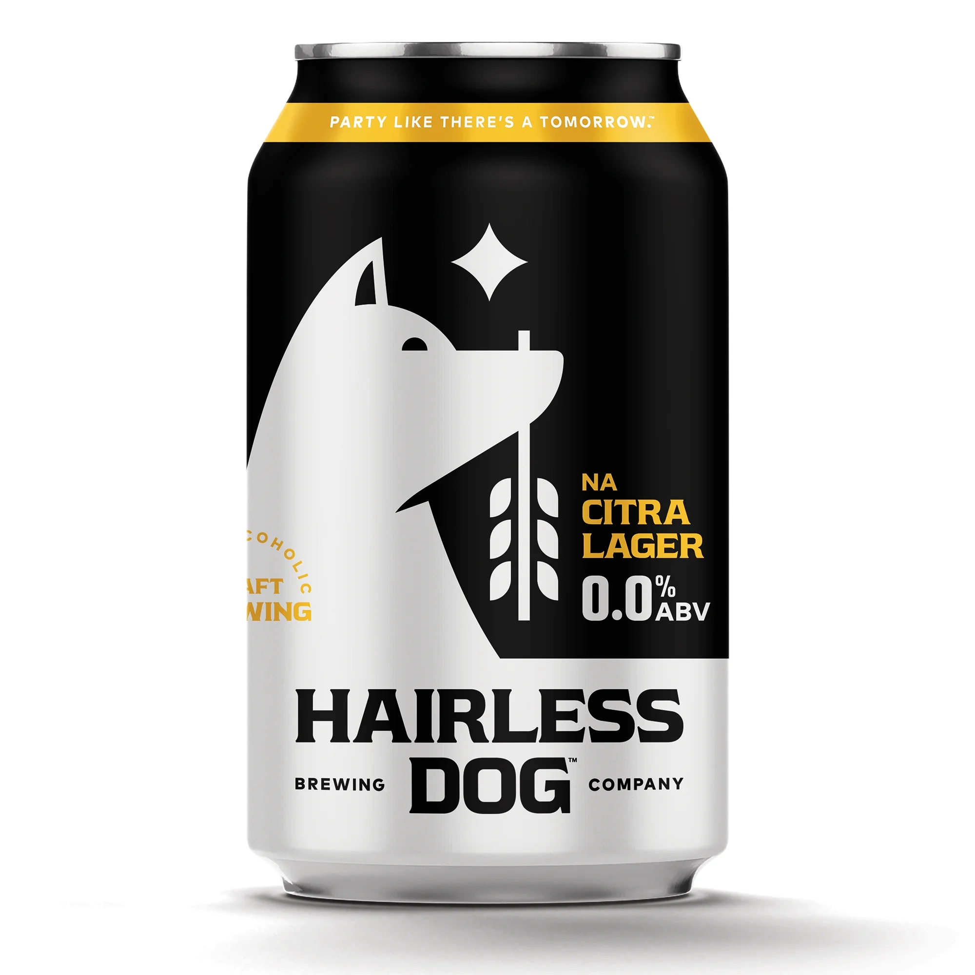Hairless Dog Citra Lager Non-Alcoholic beer featuring bright citrus peel, caramel malt, and lively hop character against plain background