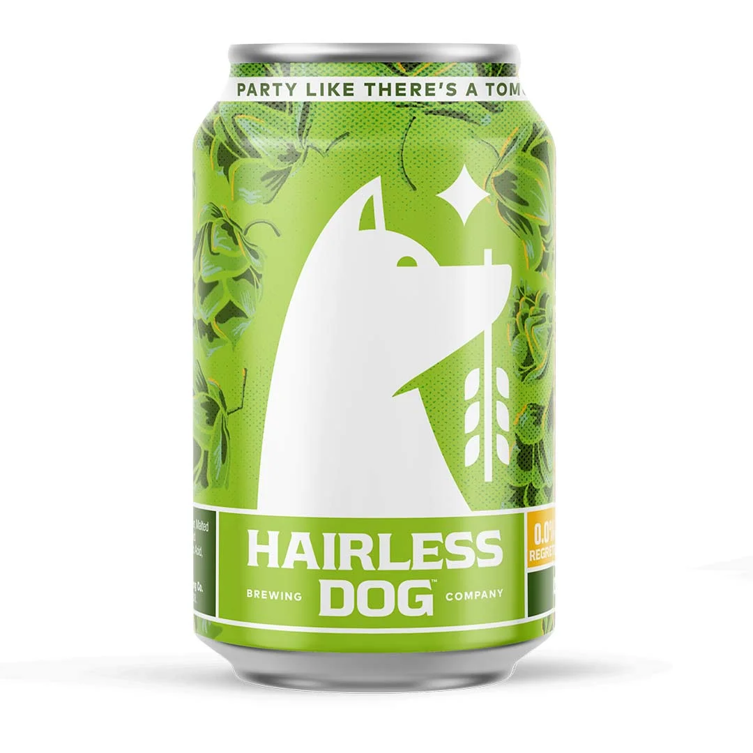 Hairless Dog Brewing Non-Alcoholic IPA featuring a smooth, hoppy taste made with Cascade, Amarillo, and Simcoe hops and zero alcohol content