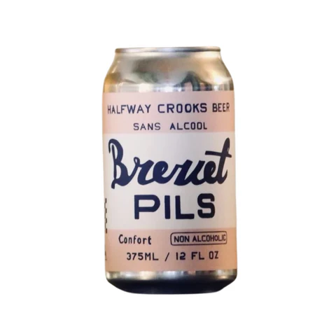 Halfway Crooks Brevet Pils non-alcoholic beer showcasing a crisp and refreshing German-style pilsner flavor with aromatic citrus and fennel notes