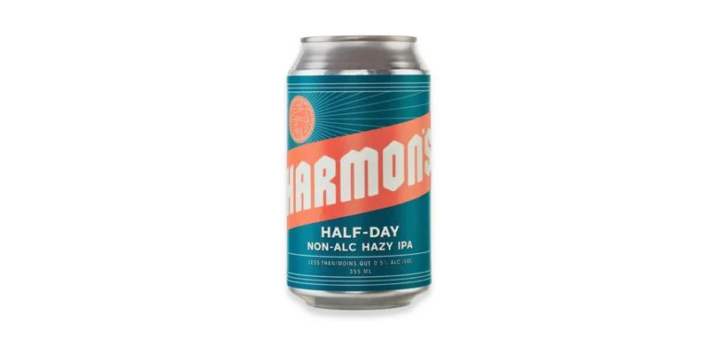 Harmon's Half-Day non-alcoholic beer with vibrant tropical citrus notes in a hazy New England IPA style