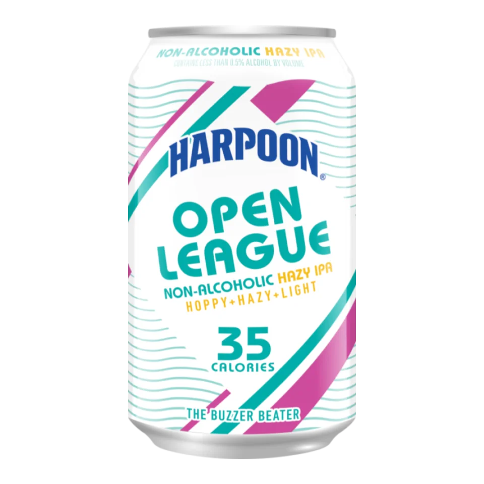 Harpoon Brewing Open League non-alcoholic beer with tropical hops and a hazy IPA profile against plain background