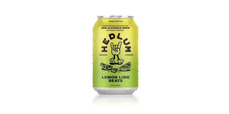 Lemon Lime Beats by Hedlum Brewing, a non-alcoholic beer with bright lemon and lime citrus flavors and a golden blonde ale style