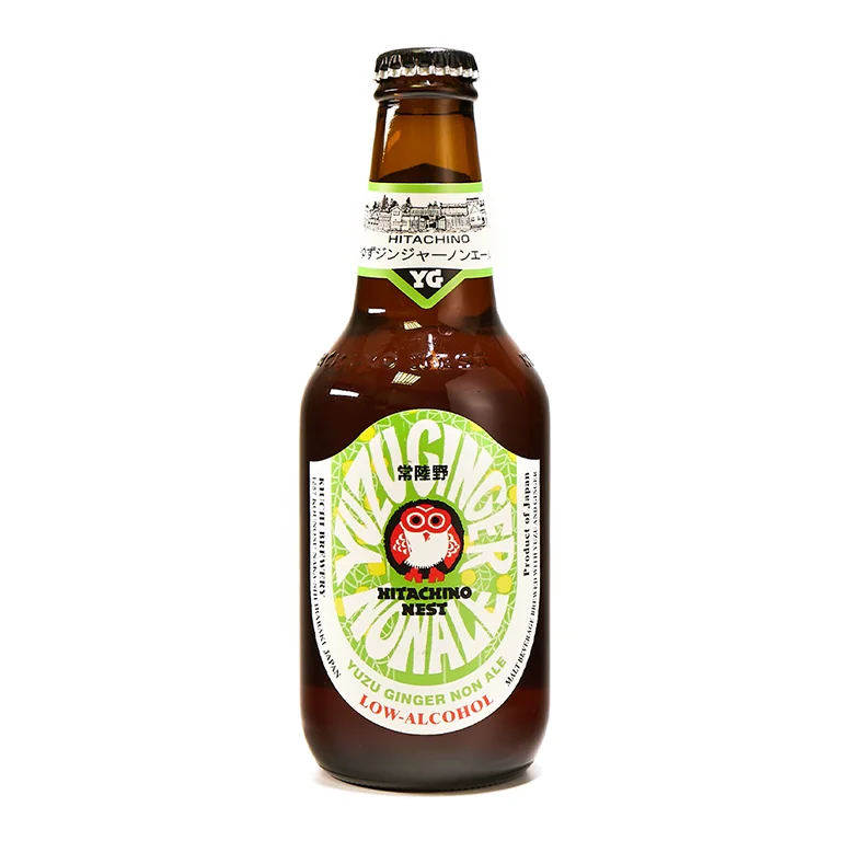 Hitachino Nest Yuzu Ginger Non-Alcoholic Ale featuring refreshing yuzu and ginger flavors with floral and honey notes in a low-alcohol craft brew