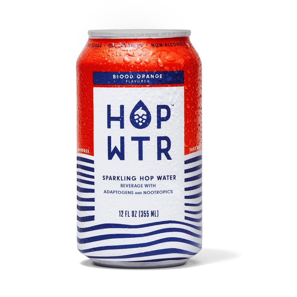 Hop WTR Blood Orange non-alcoholic sparkling hop water with bright citrus and hop flavor against plain background