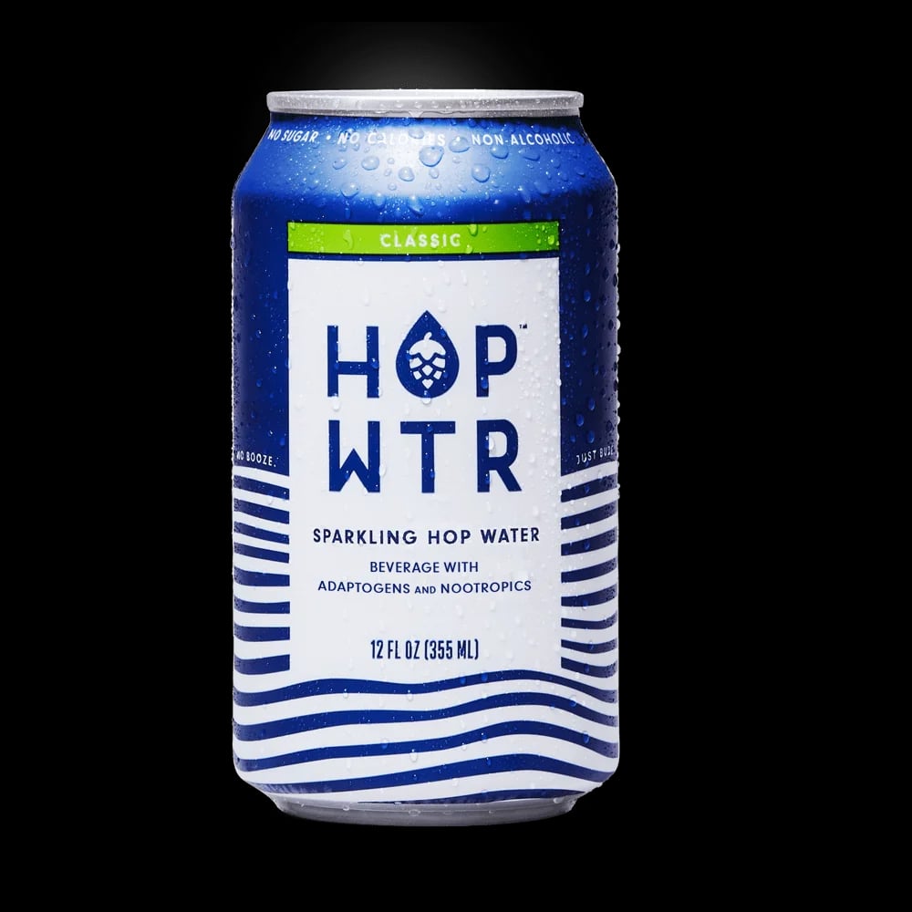 HOP WTR Classic non-alcoholic sparkling hop water featuring piney, citrusy hops with no alcohol, calories, or sugar and added vitamins