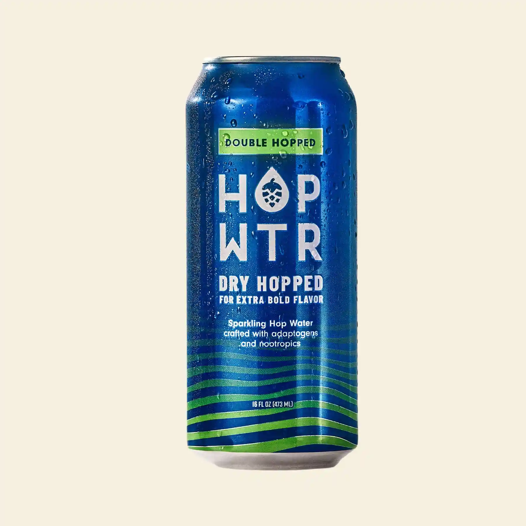 Hop WTR Double Hopped non-alcoholic sparkling hop water featuring bold piney hops, infused with adaptogens and nootropics for a refreshing IPA experience