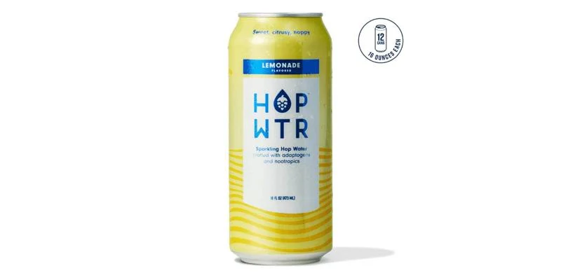 Hop WTR Lemonade non-alcoholic sparkling hop water with a bright tart citrus and hop-infused flavor against plain background