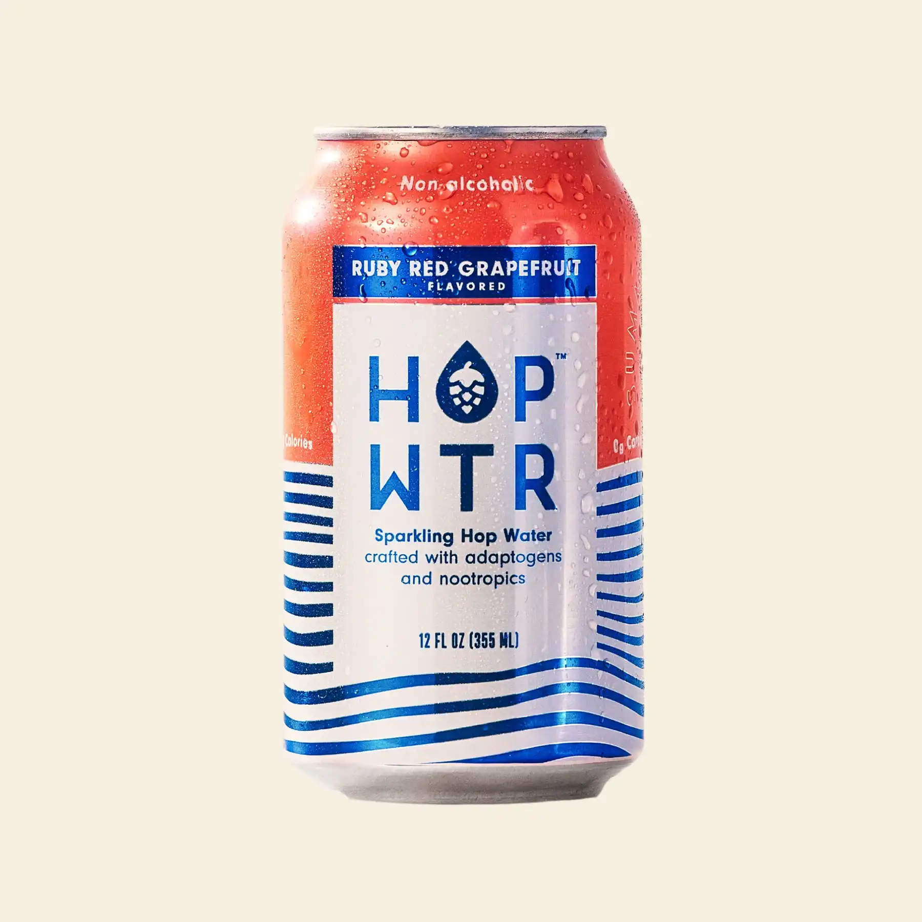 Hop WTR Ruby Red Grapefruit non-alcoholic sparkling hop water featuring grapefruit and a blend of Citra, Amarillo, Mosaic, and Azacca hops