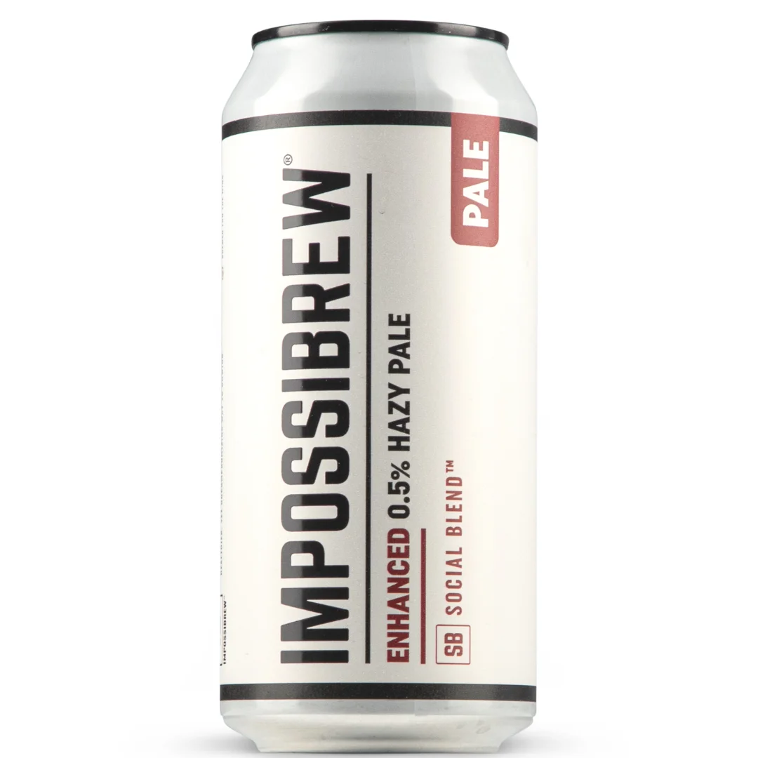 Impossibrew Enhanced Hazy Pale Ale alcohol-free beer featuring tropical peach, pineapple, and mango flavors with a smooth, fluffy body and citrus finish
