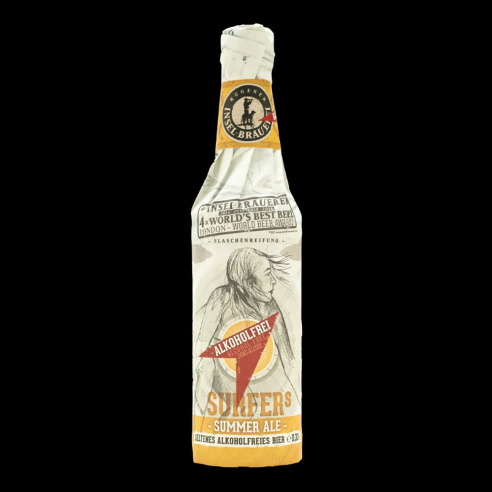 Surfer's Summer Ale by Insel-Brauerei showcases a hazy golden non-alcoholic pale ale with citrus, peach, and biscuit malt aromas, under 0.5% ABV.