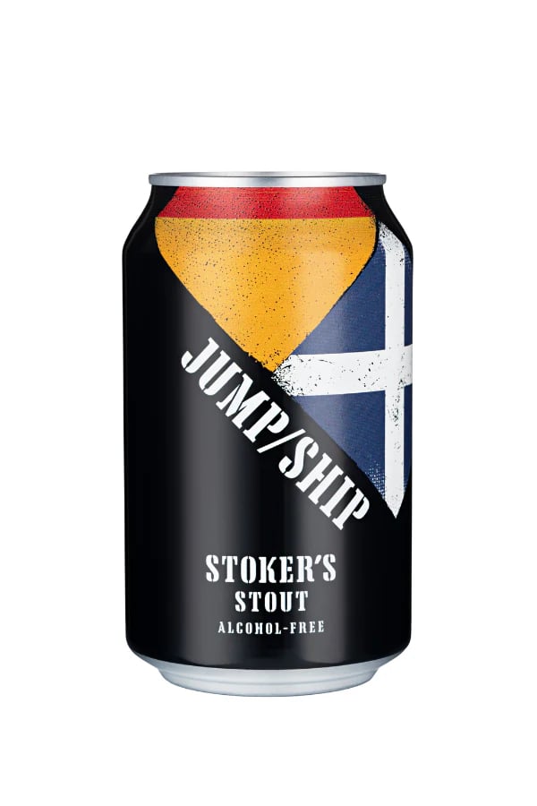Rich and creamy Jump Ship Stoker's Stout alcohol-free beer featuring roasted malt, coffee, and dark chocolate flavor notes in a smooth stout style.