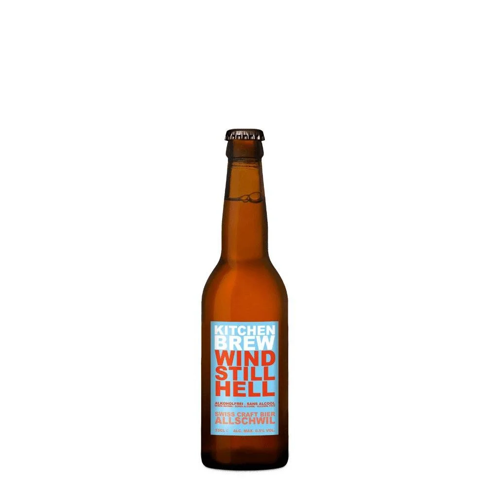 Windstill Hell non-alcoholic beer by Kitchen Brew with golden hue and light bitterness, crafted in Switzerland for refreshing enjoyment