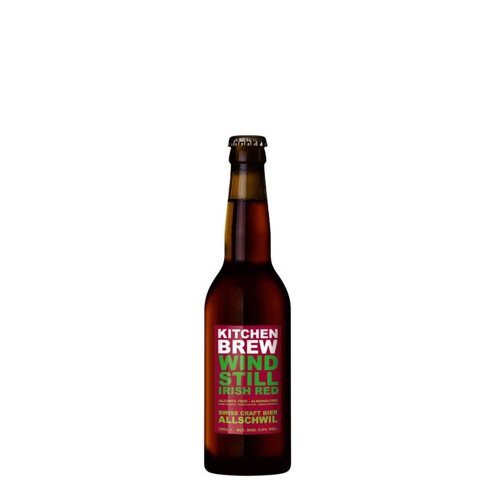 Non-alcoholic beer Windstill Irish Red by Kitchen Brew featuring amber color and malty roasted notes, an alcohol-free Irish Red Ale style