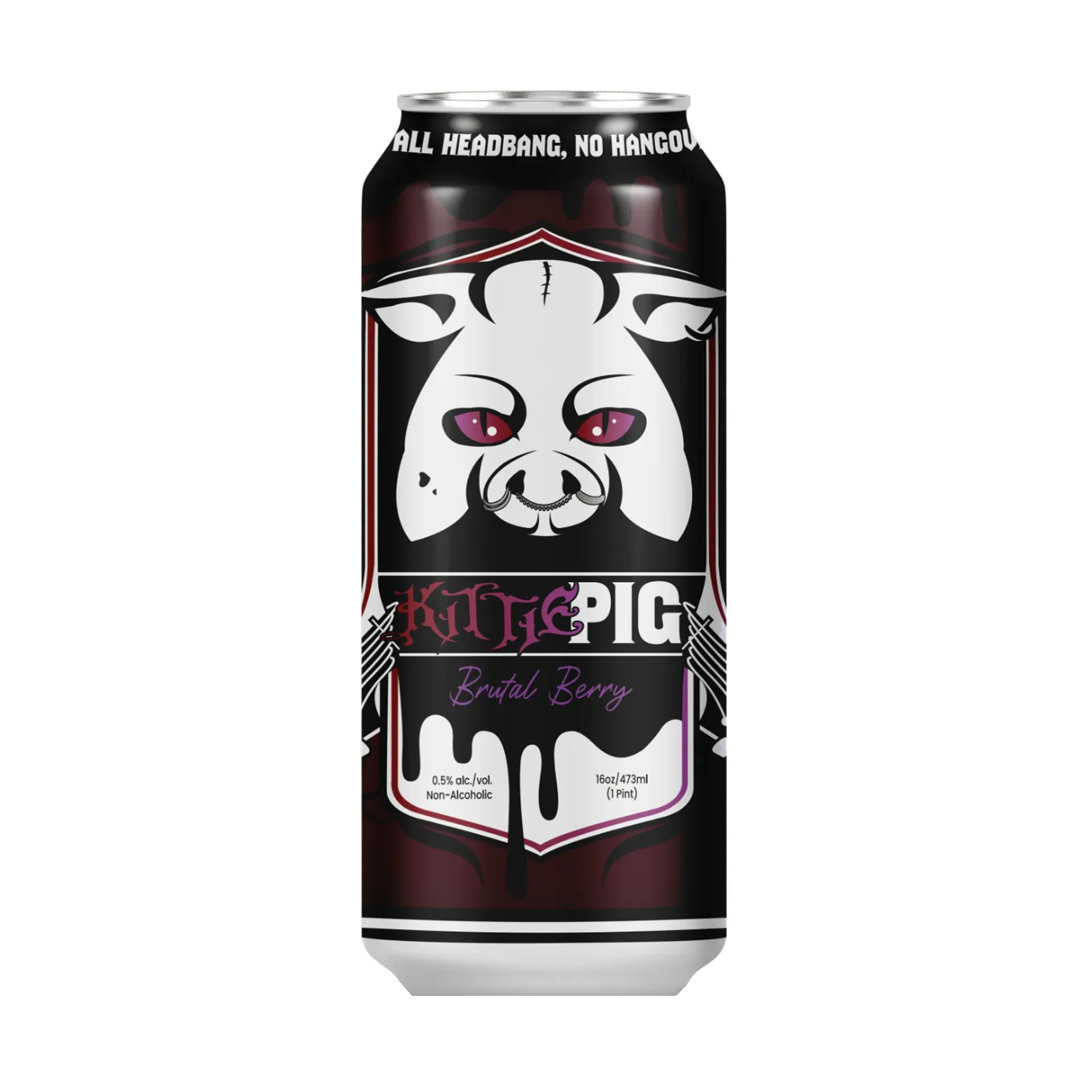 KittiePIG Brutal Berry non-alcoholic beer with natural berry flavor, an extra-light blonde crafted for heavy music fans and low-calorie enjoyment
