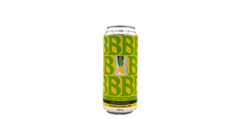 Non-alcoholic beer Placebo Blonde Citron-Lime by La Barberie with citrus flavors and a crisp malt base against a plain background.
