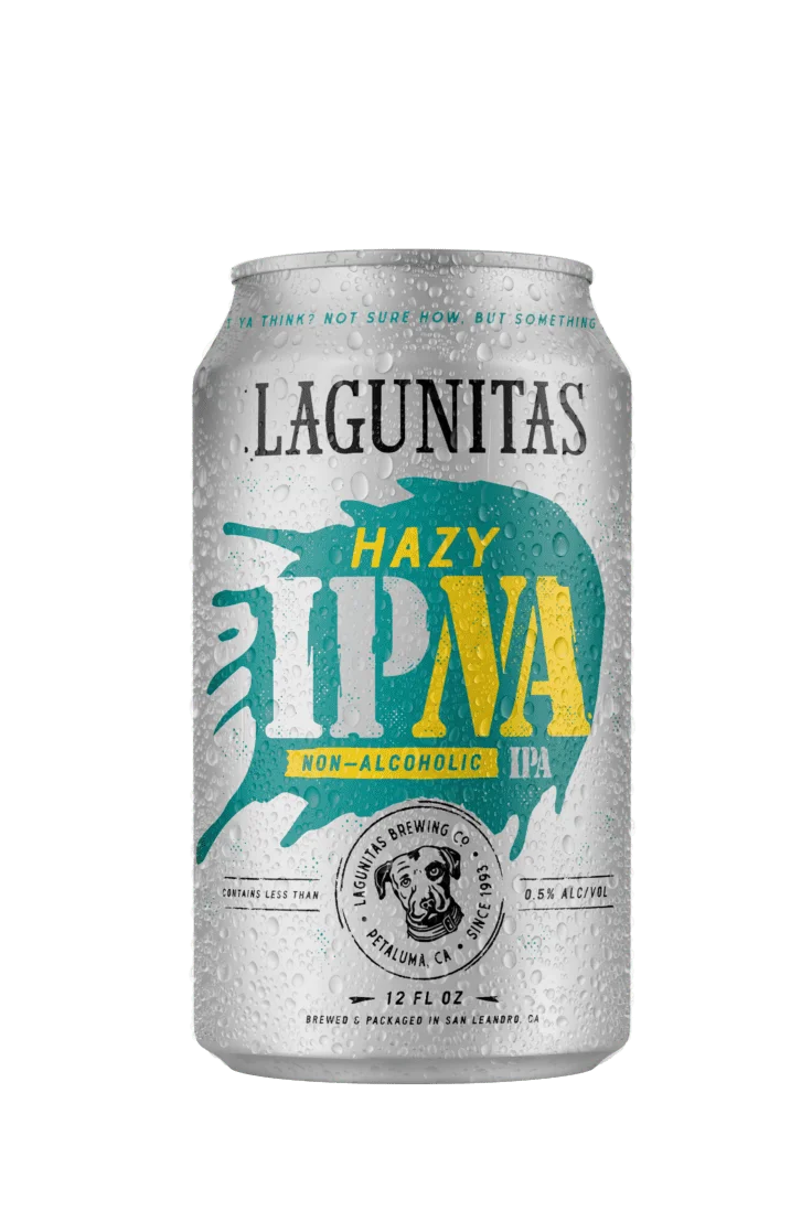 Lagunitas Hazy IPNA non-alcoholic IPA with tropical hop flavors and soft pillowy texture, showcasing a vibrant, hazy appearance and juicy aroma