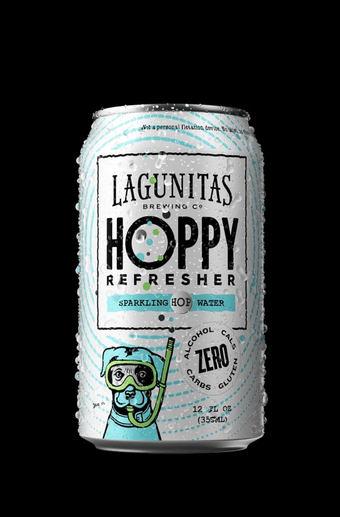 Lagunitas Hoppy Refresher non-alcoholic IPA-inspired sparkling hop water with tropical citrus and passionfruit flavors on plain background