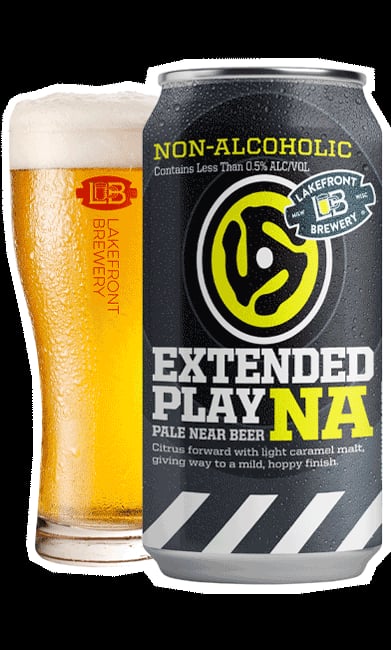Extended Play Pale Ale non-alcoholic beer from Lakefront Brewery featuring citrus-forward hops and light caramel malt in a pale ale style