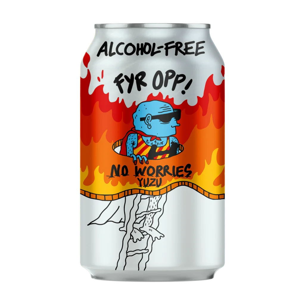 Lervig No Worries Fyr Opp IPA alcohol-free beer featuring vibrant citrusy yuzu flavor and refreshing acidity perfect for barbecue pairings