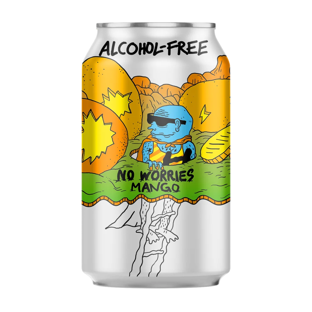 Lervig No Worries Mango IPA alcohol-free beer with tropical mango flavor, showcasing a refreshing and juicy non-alcoholic pale ale from Norway