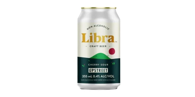 Libra Cherry Sour non-alcoholic beer with bright pinkish color and refreshing tart cherry sour flavor on plain background