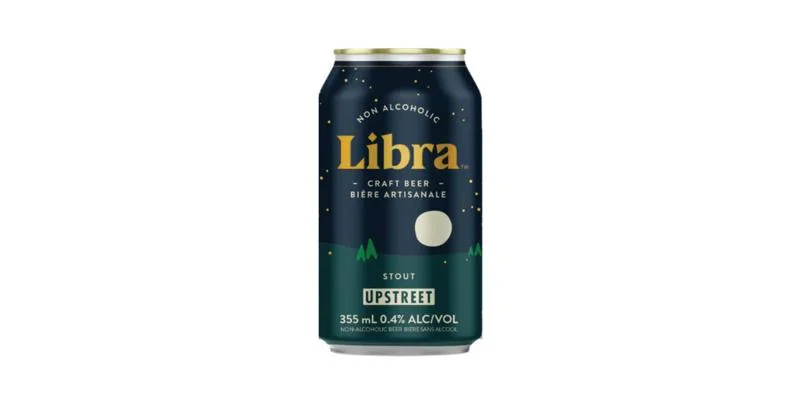 Libra Stout non-alcoholic beer showcasing a rich, smooth, chocolate and coffee-flavored stout crafted in Charlottetown, Canada.