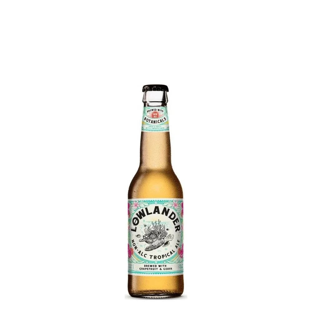 Lowlander Tropical Ale non-alcoholic beer featuring botanical blend with grapefruit and guava for a fresh tropical flavor experience