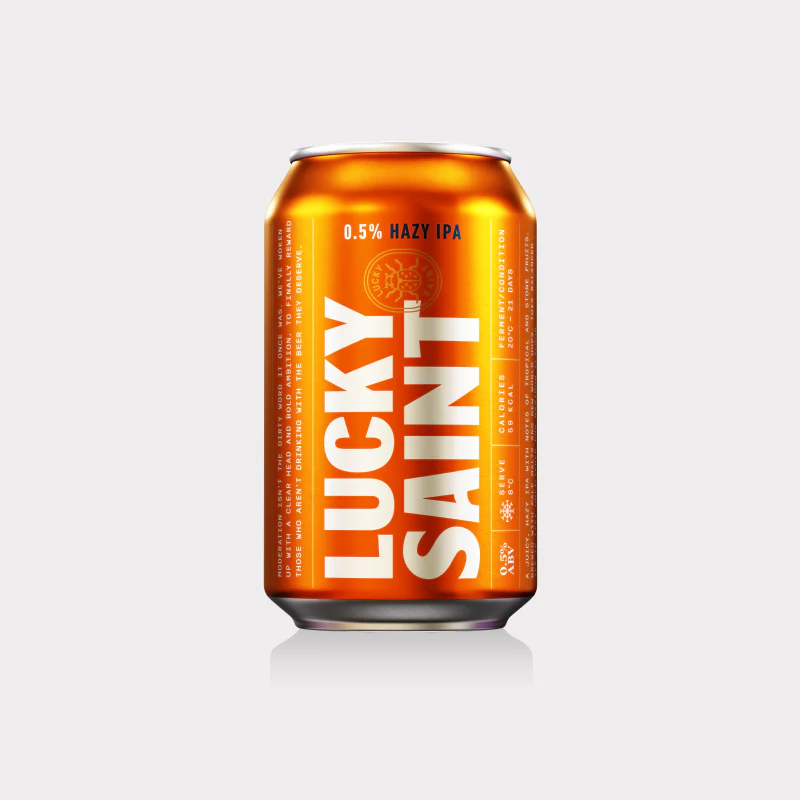 Lucky Saint Hazy IPA non-alcoholic beer showcasing a hazy, juicy IPA brewed with pale malts and New World hops for balanced flavor