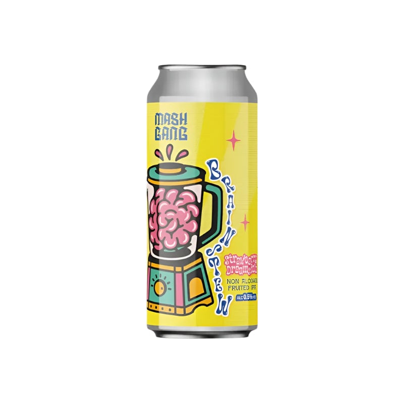 Mash Gang Brain Stew non-alcoholic beer featuring a unique blend of strawberry, vanilla, and Barbe Rogue hops in a refreshing IPA