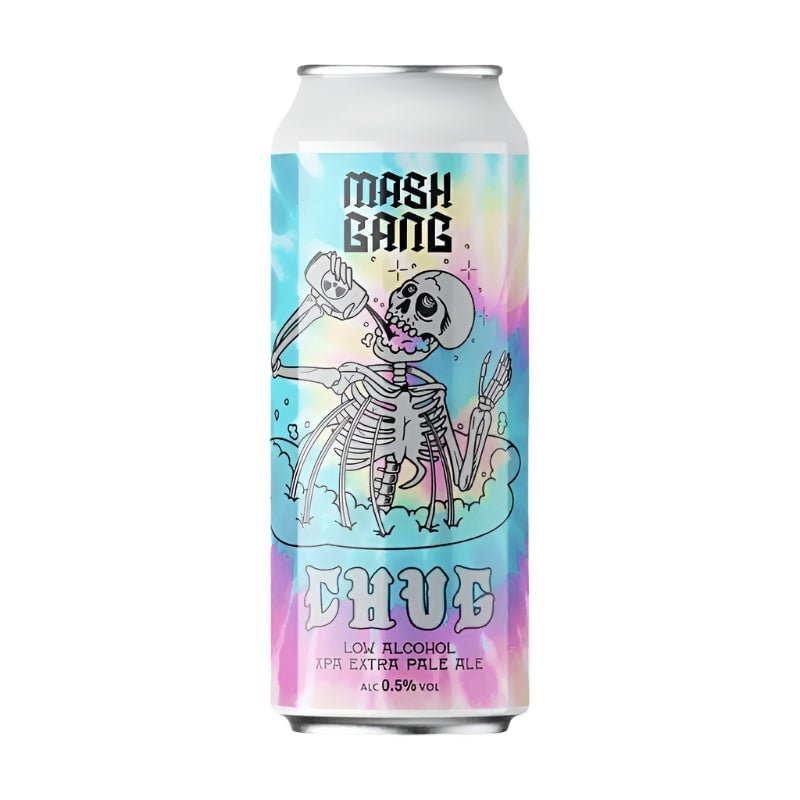 Mash Gang Chug IPA non-alcoholic beer featuring hazy tropical hops with Citra and El Dorado, soft juicy mouthfeel and under 0.5% ABV.