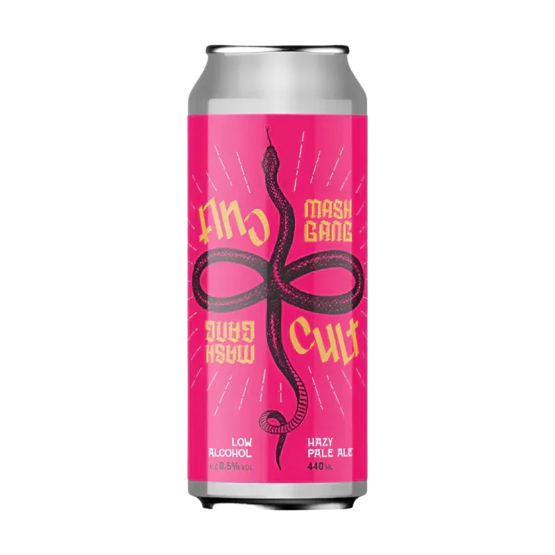 Mash Gang Cult Hazy Pale Ale alcohol-free beer with vibrant tropical and citrus notes, featuring a hazy, unfiltered appearance and soft juicy mouthfeel.