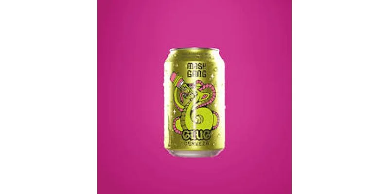 Mash Gang Glug, a non-alcoholic cerveza lager with a refreshing flavor profile, featuring notes of masa, lime, and gooseberry.