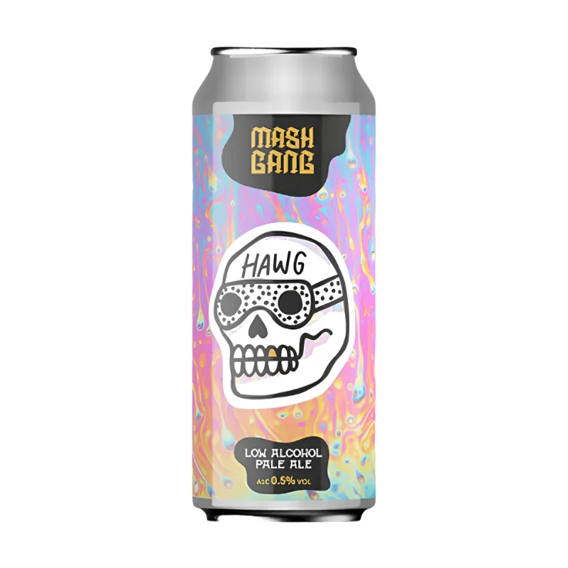 Mash Gang Hawg American Pale Ale non-alcoholic beer featuring vibrant citrus and tropical fruit aromas with a spicy peppery finish