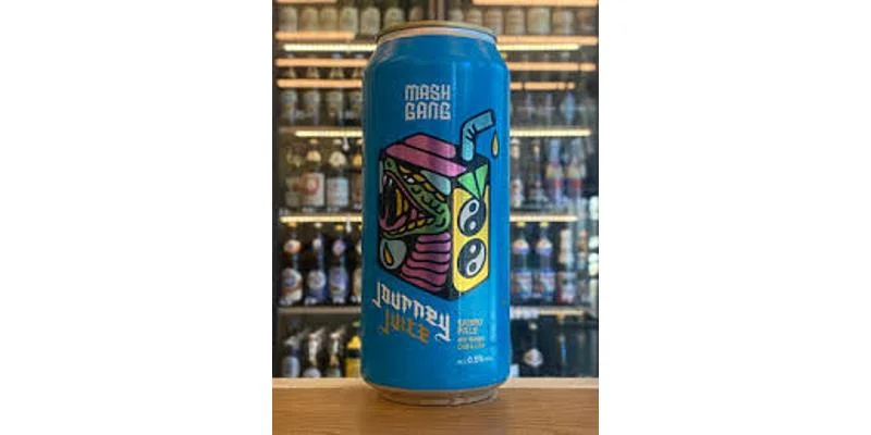 Journey Juice by Mash Gang, a vibrant non-alcoholic fruited hazy pale ale showcasing a blend of tropical fruits and spices.