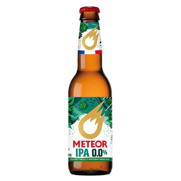 Meteor IPA 0.0 alcohol-free beer featuring bold citrus and tropical fruit notes with balanced bitterness in a French-brewed India Pale Ale style