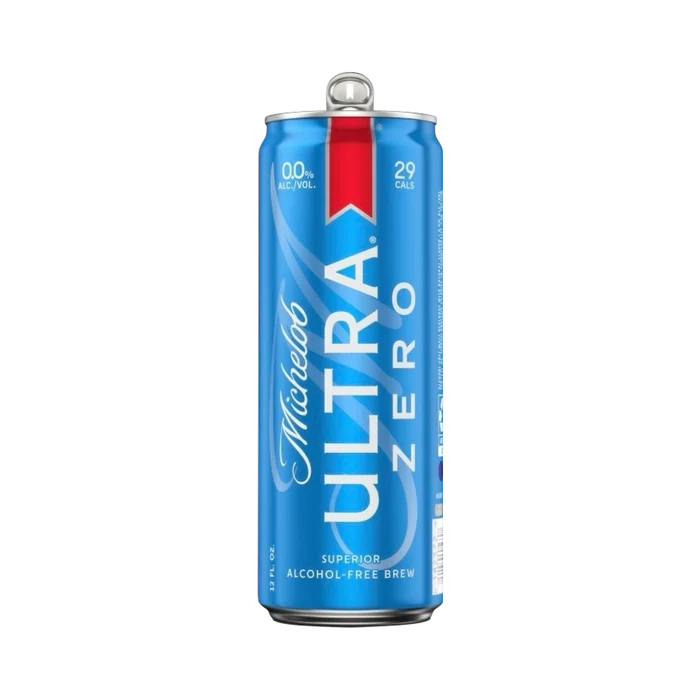 Michelob Ultra Zero, a zero-alcohol beer with smooth taste and low calorie count, in a beverage container.