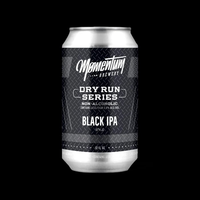 Momentum Brewery Black IPA Dry Run Series non-alcoholic beer with complex hoppy and smooth malt flavor profile