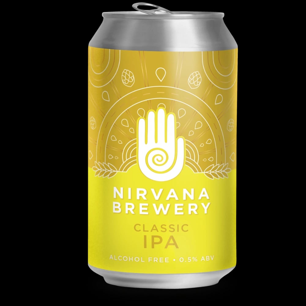 Nirvana Brewery Classic IPA non-alcoholic beer featuring a light amber hue and a refreshing, hoppy aroma