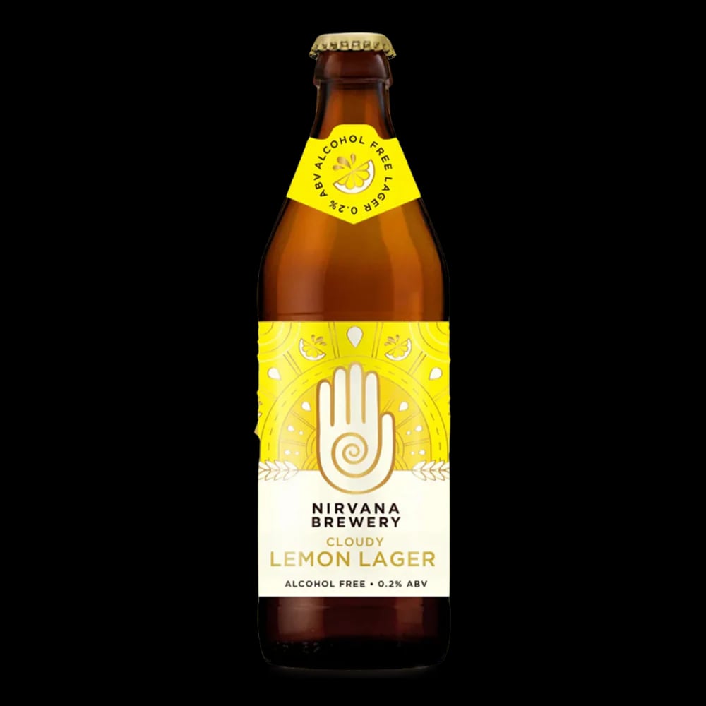 Nirvana Brewery Cloudy Lemon Lager with a hazy golden color, blending crisp lemonade and unfiltered Bavarian lager for refreshing alcohol-free enjoyment.