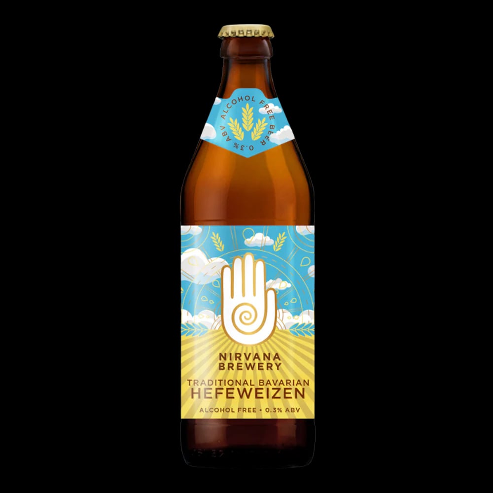 Nirvana Brewery Hefeweizen non-alcoholic wheat beer with traditional Bavarian style, aromatic vanilla, bubble gum, and banana flavors