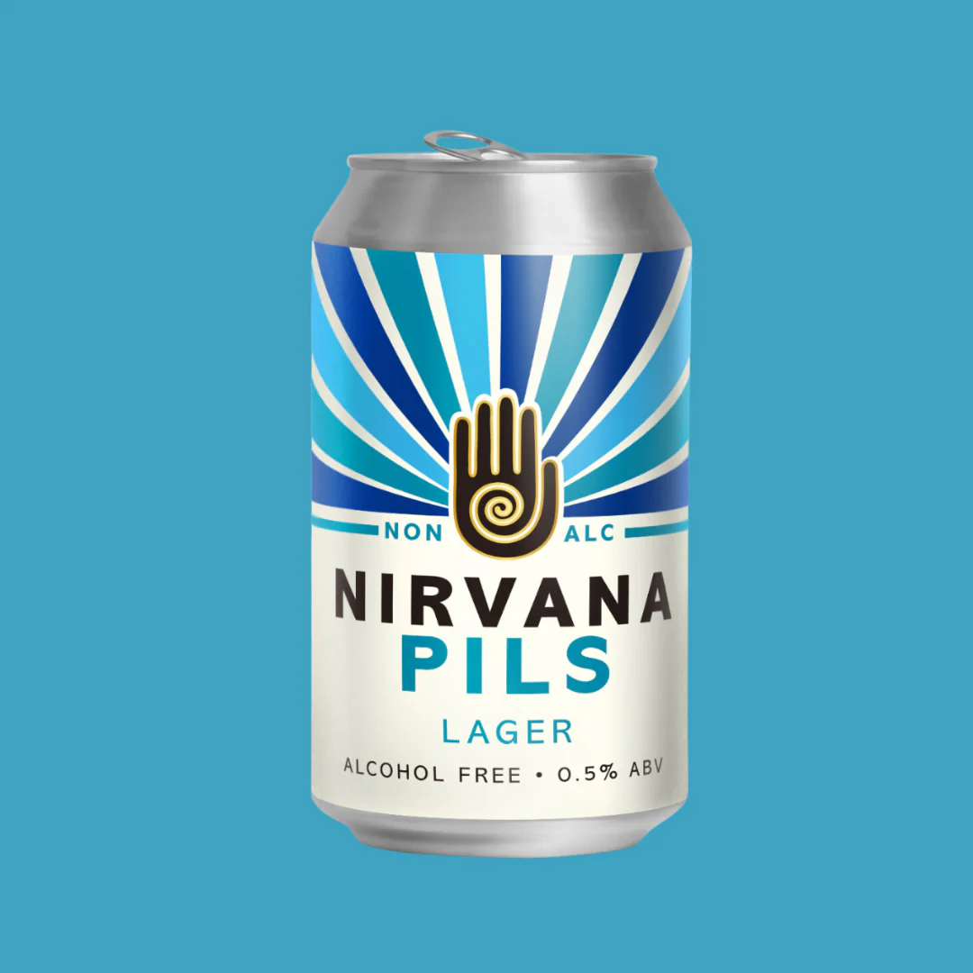 Nirvana Brewery Pils, a non-alcoholic beer with a light golden color, crisp citrus and spice notes, and soft bready malt character