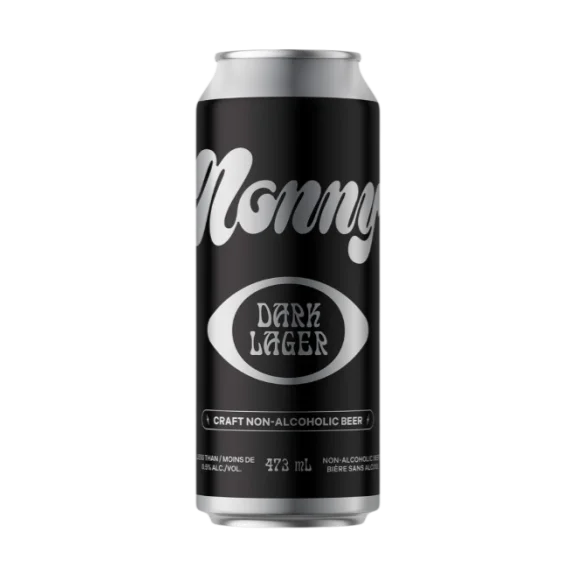 Nonny Dark Lager alcohol-free beer showcasing rich roasted malt flavors with classic hops and a smooth, light-bodied finish against plain background.