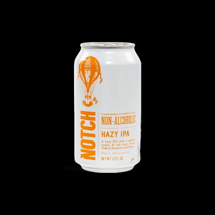 Notch Brewing Non-Alcoholic Hazy IPA featuring tropical aroma and soft juicy flavor in a full-bodied alcohol-free beer