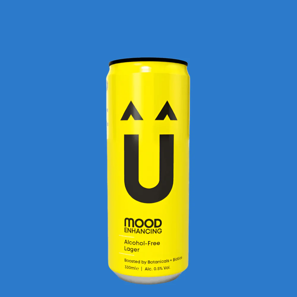 NuWave Mood Enhancing non-alcoholic beer, a crisp gluten-free and vegan lager with a light amber hue.