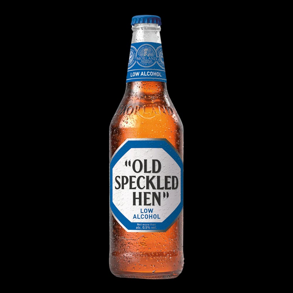 Old Speckled Hen Non Alcoholic Pale Ale amber-hued alcohol-free beer featuring a radiant pour topped with an off-white head
