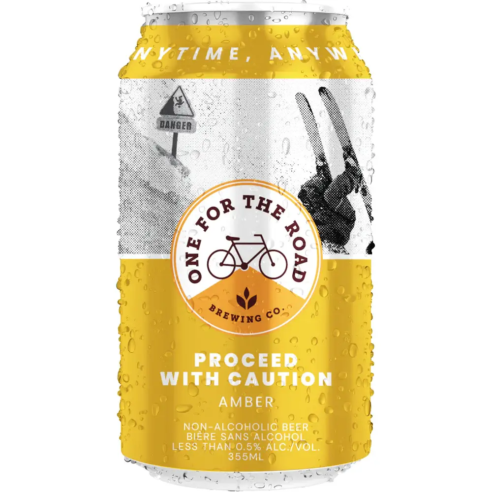 Proceed With Caution Amber alcohol-free beer showcasing amber lager style with toasty malt and subtle caramel-hop balance on plain background