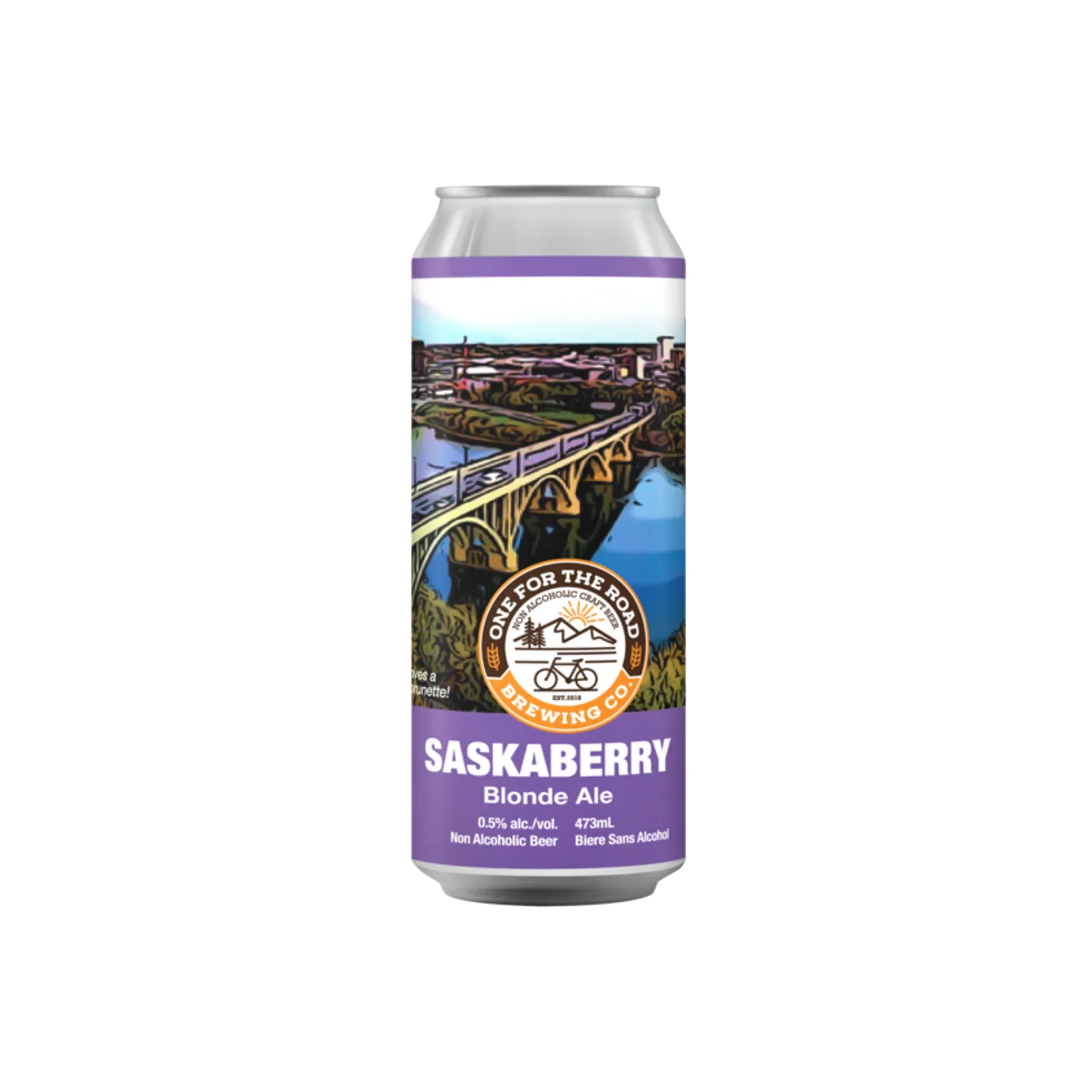 Saskaberry Blonde Ale non-alcoholic beer featuring tart Saskatoon berry and jammy finish against plain background