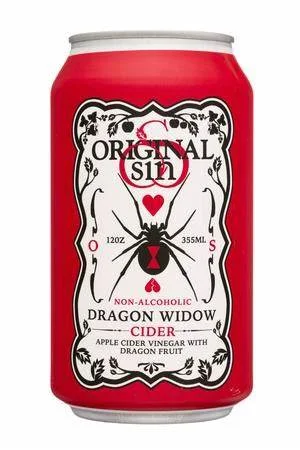 Original Sin Dragon Widow non-alcoholic cider featuring dragon fruit and apple cider vinegar with natural monk fruit sweetener and low calories