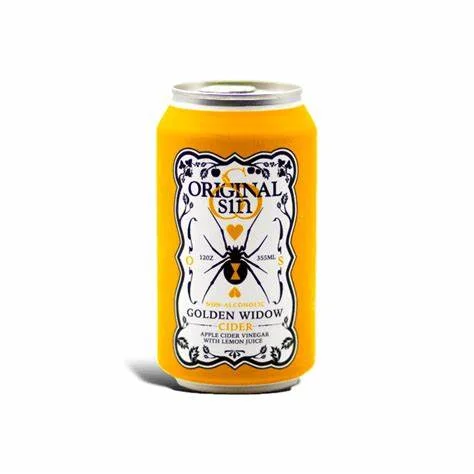 Original Sin Golden Widow non-alcoholic cider featuring a lemon-based flavor with natural sweeteners and apple cider vinegar for a crisp finish