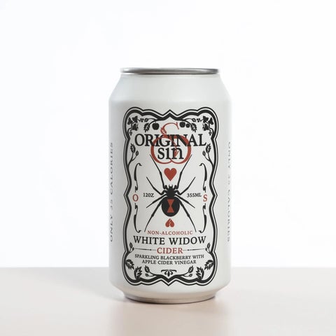 Original Sin White Widow non-alcoholic blackberry cider with a balanced blend of tart apple cider vinegar and natural monk fruit sweetness